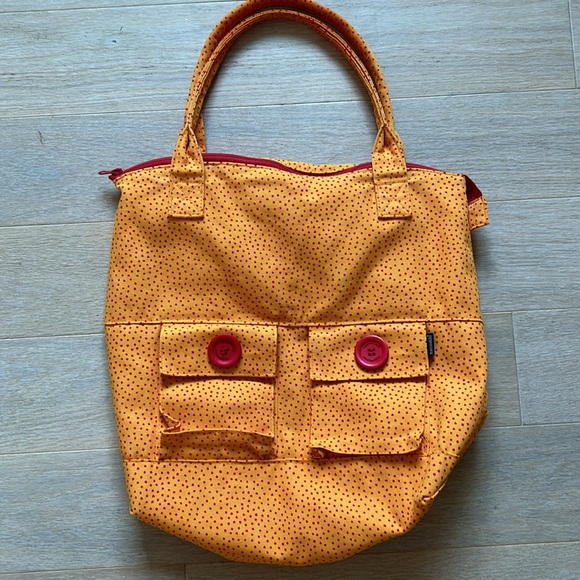 Marimekko Handbags - Marimekko Vintage Tote , unique orange with red polka dots, red buttons & zipper